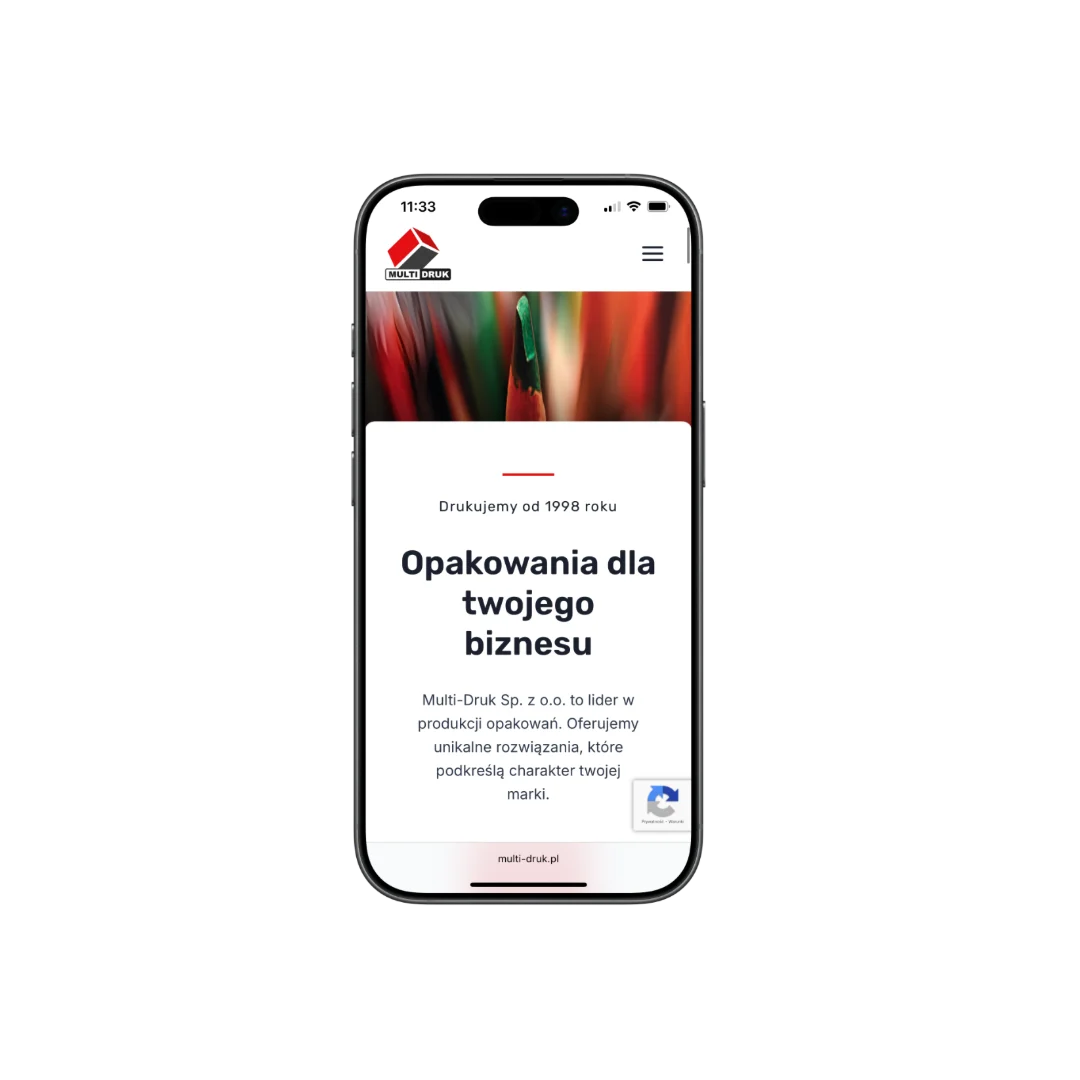 Odświeżona strona Multi-Druku na telefonie: nagłówek „Opakowania dla twojego biznesu” i opis oferty