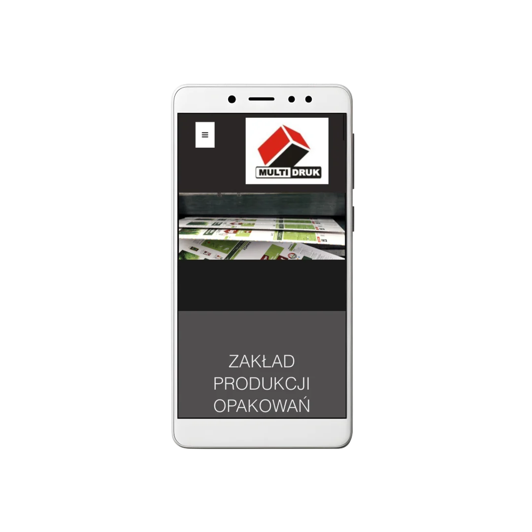 Poprzednia strona Multi-Druku na telefonie: duże logo, zdjęcie druku i nagłówek „Zakład produkcji opakowań”